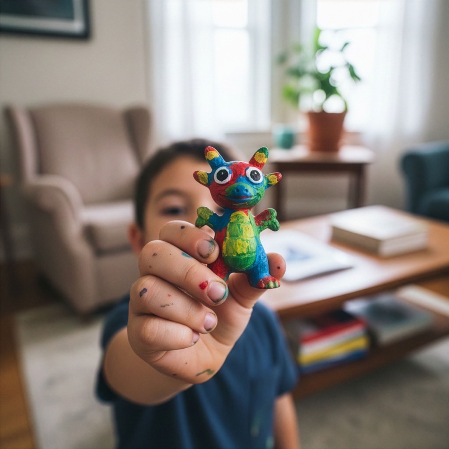 Bemalte 3D-Figur aus einer Kinderzeichnung – DoodlHero Familienprojekt