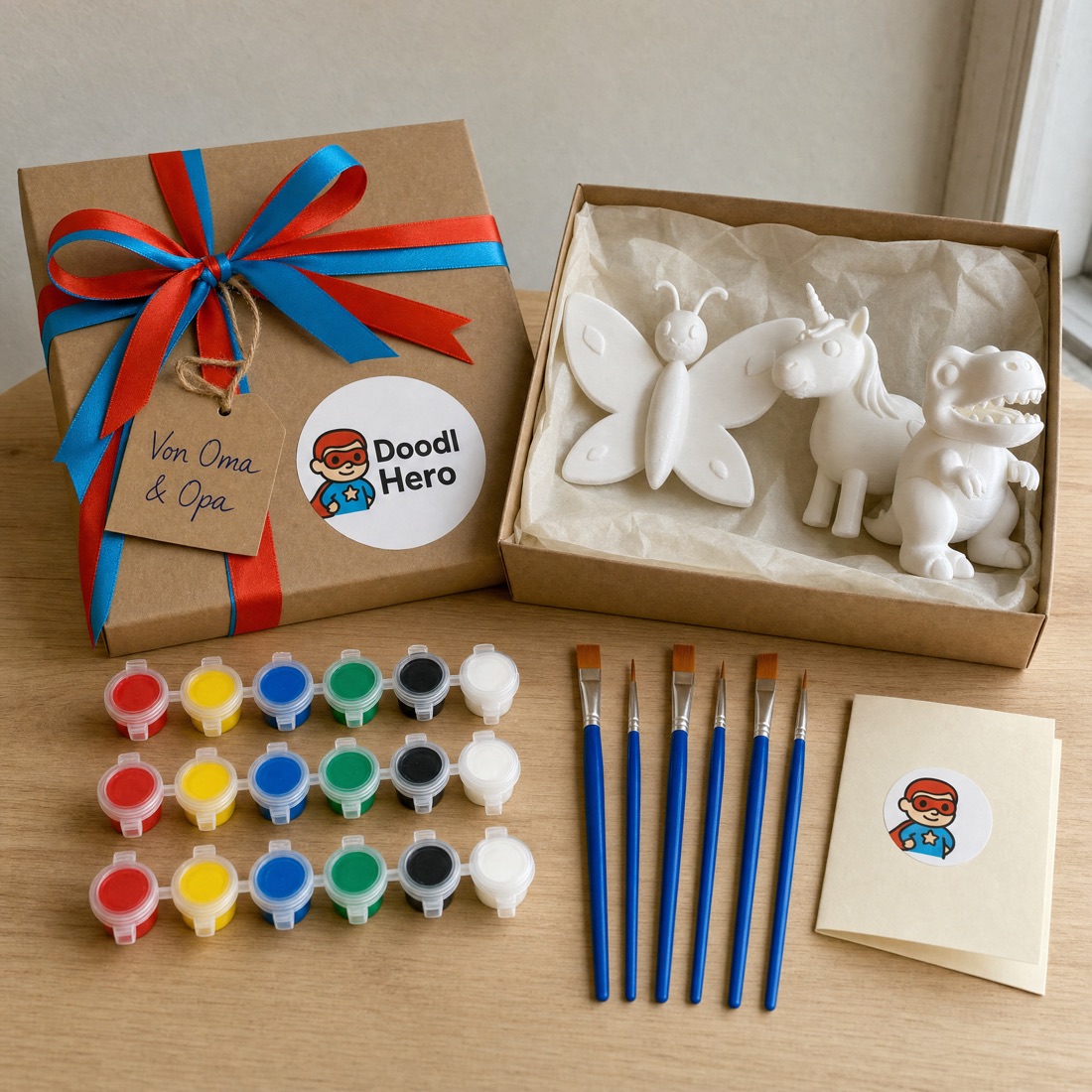 Grandparents Pack: gift box with a red and blue ribbon, a tag reading Von Oma & Opa, three figures