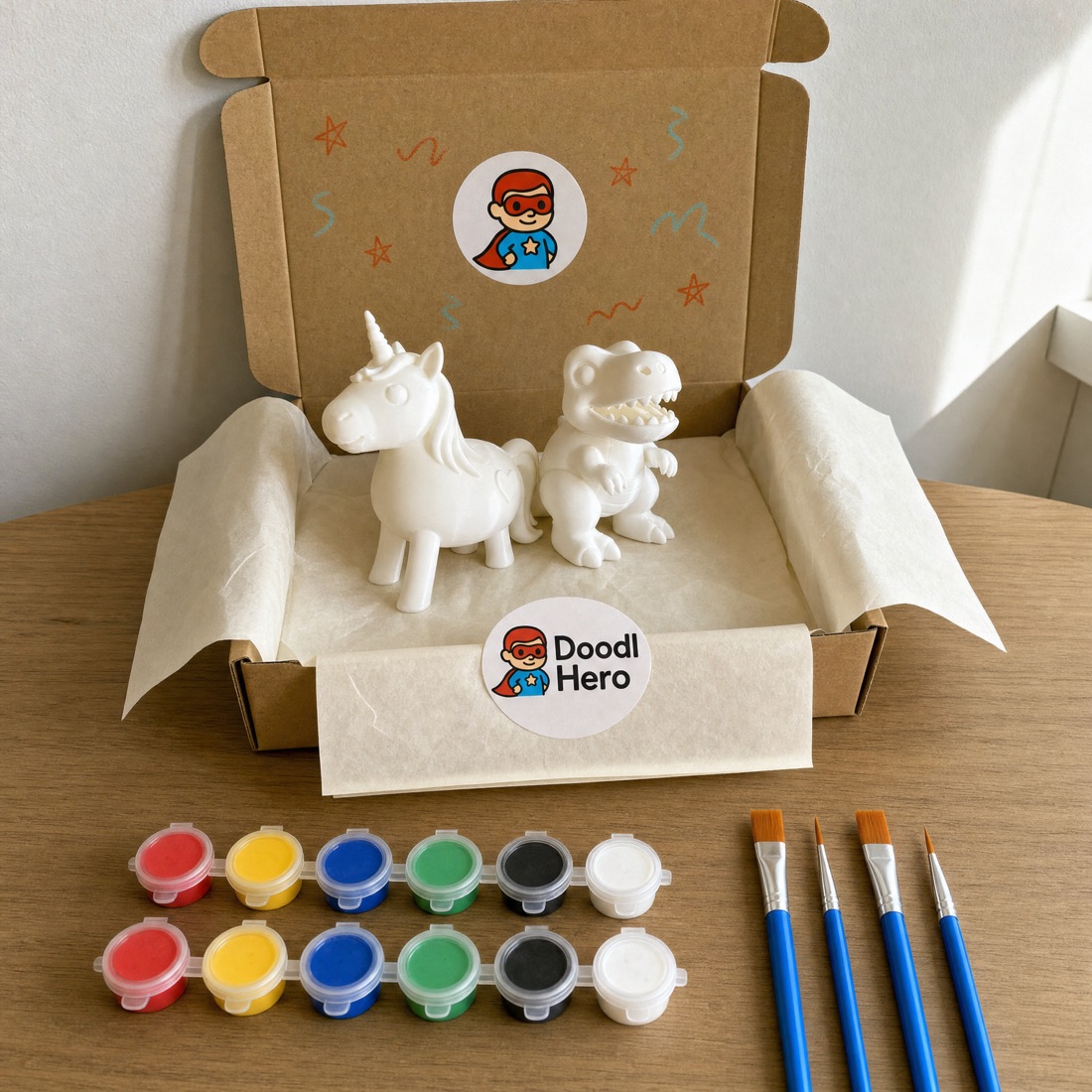 Sibling Bundle: dinosaur and unicorn in a box with twelve paints and four brushes