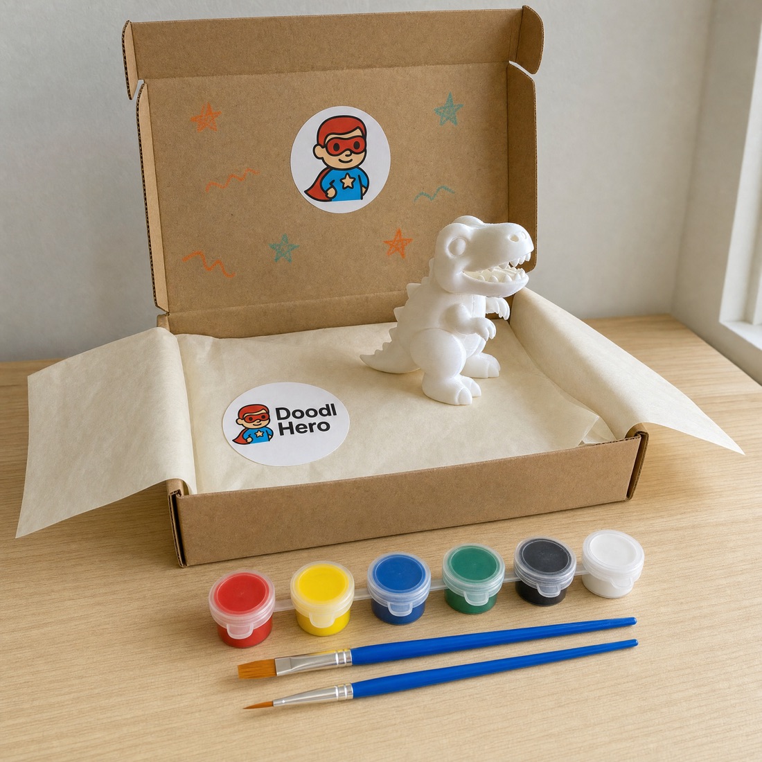 Single Figure: white dinosaur in a mailer box with six paints and two brushes